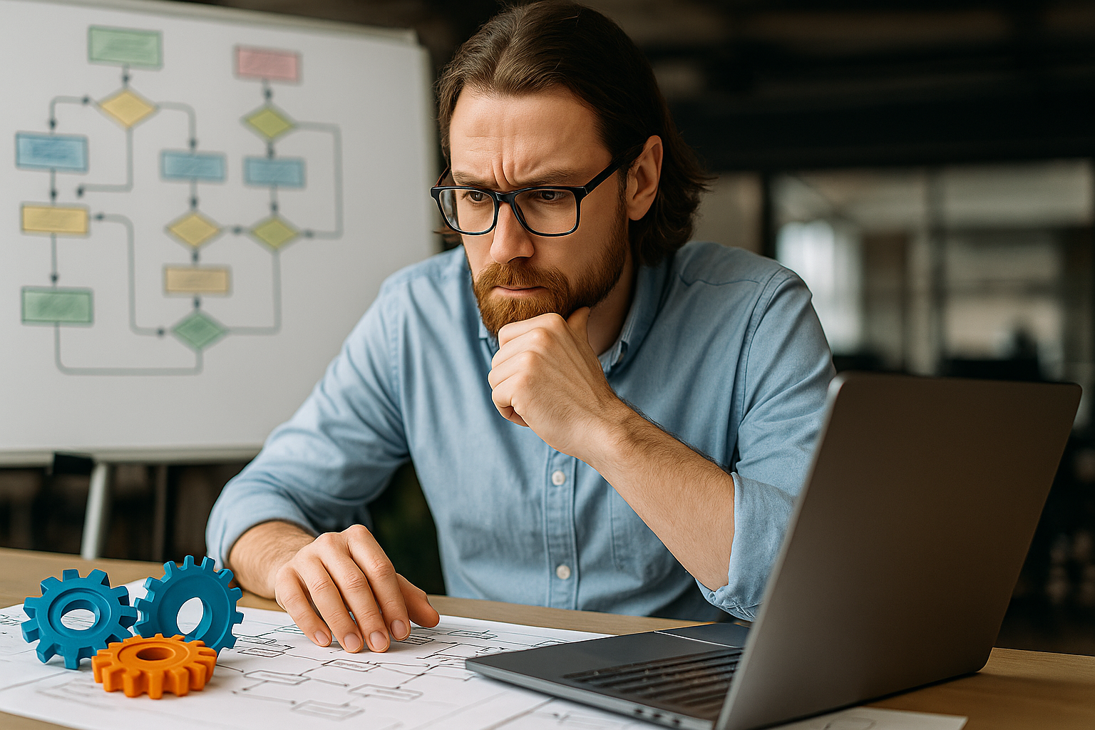 homem pensando olhando para projeto na mesa