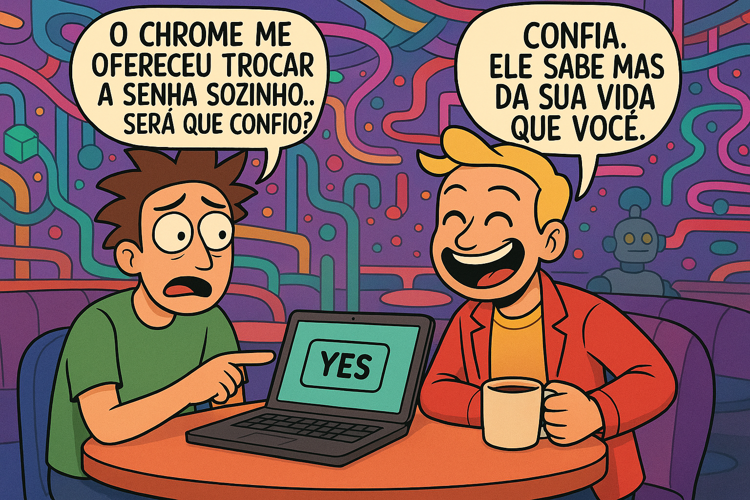 A one-panel comic in Rick and Morty-style (original characters), funky sci-fi café setting with glowing pipes and hovering lights. Person 1 anxiously gestures at a laptop showing "YES" and "NO" buttons. Person 2 laughs with sarcasm while sipping coffee. Text in bubbles: "O Chrome me ofereceu trocar a senha sozinho... será que
