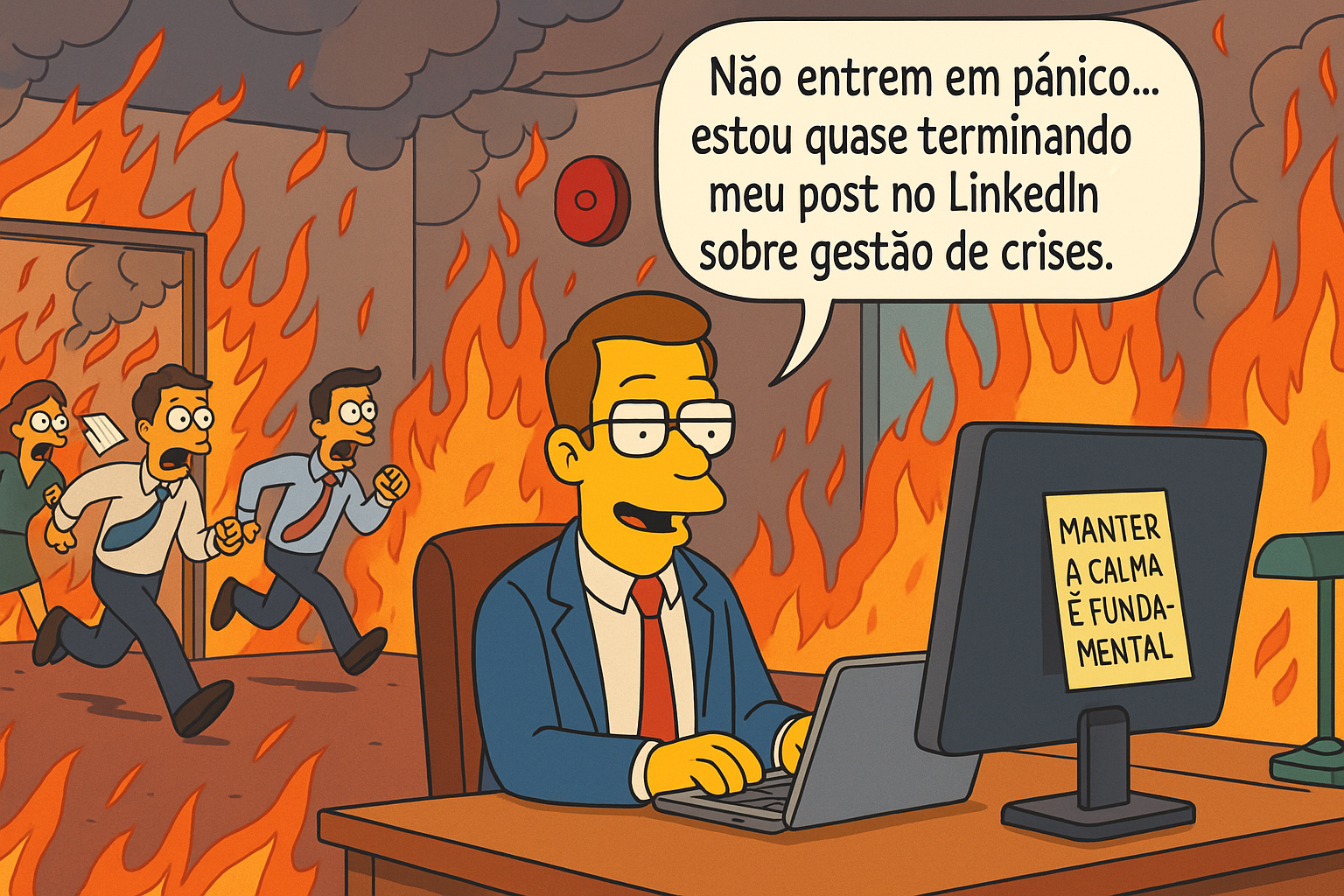 uma tirinha de humor inteligente em quadro único, ambientada em um escritório corporativo em caos.