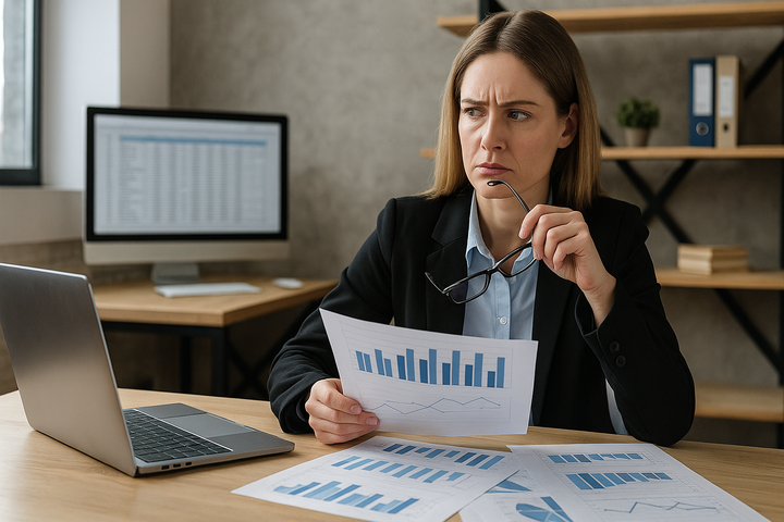 mulher olhando planilha para gestao de ativo de ti